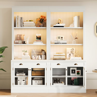 Ensemble de bibliothèque de 83,4 po de hauteur en blanc, design moderne avec DEL, 2 tiroirs et tablettes ouvertes pour le salon