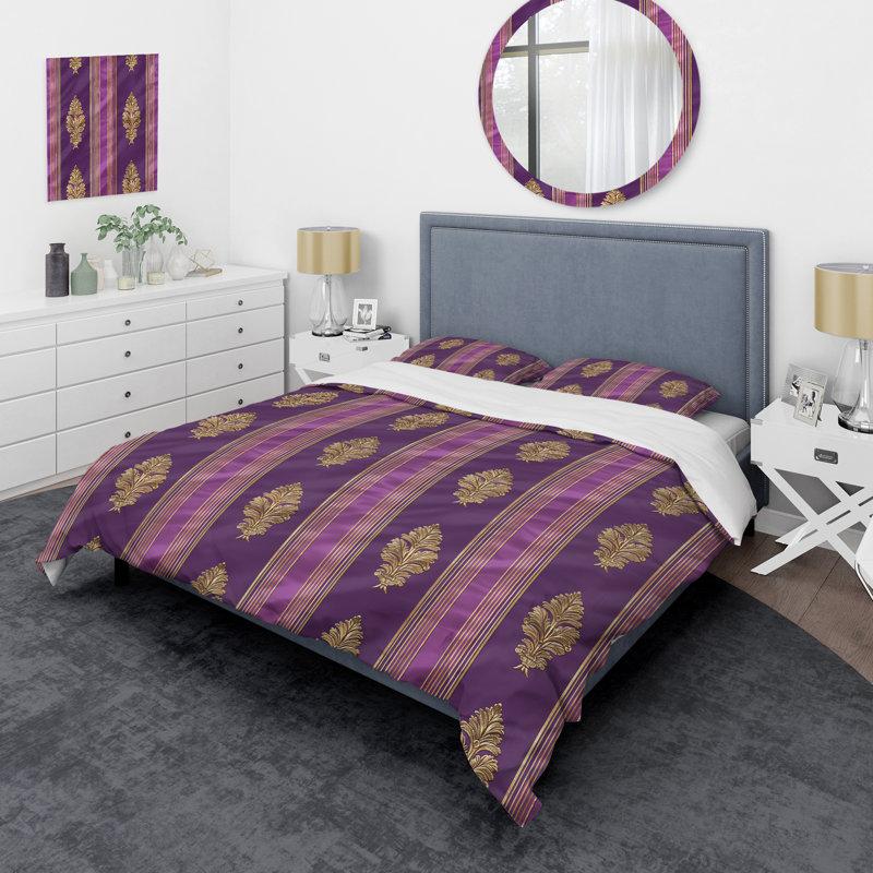 Purple Gold Glam Pinstripe Damask - Glam Duvet Cover Set, King Duvet Cover + 2 King Pillow Shams
