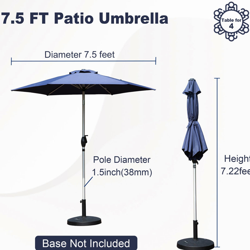 Parasol de table d'extérieur 7,5 pi, tissu, évent, facile à utiliser pour le jardin, la terrasse, la cour arrière, bleu marine, solide et, pour l'eau, s'adapte au patio,