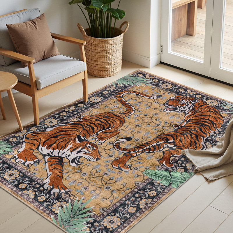 Tapis à motif tigre, tapis oriental lavable, tapis antidérapant, Rectangle 60 po x 84 po