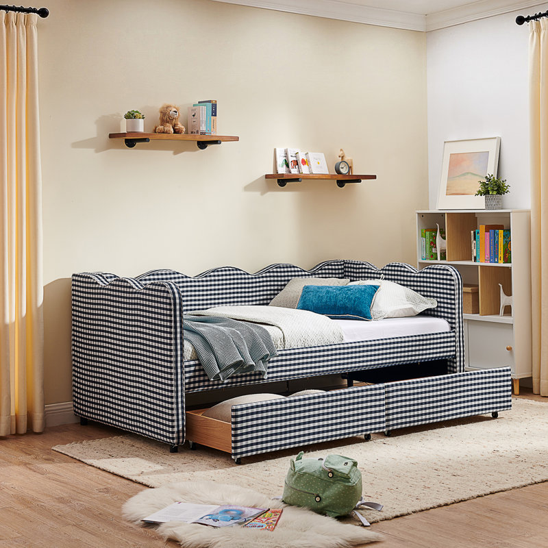 Cozy Gingham Daybed With Two Storage Drawers, Twin, Black
