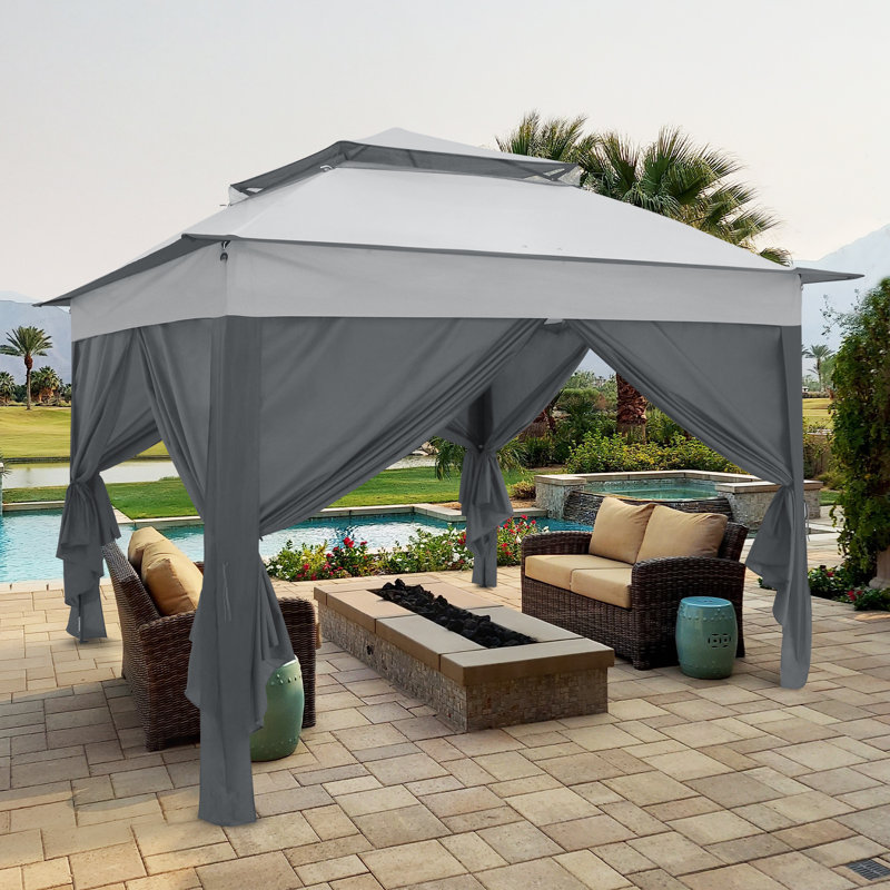 11 ft. Gray and Black Steel Patio Gazebo with Solid Walls