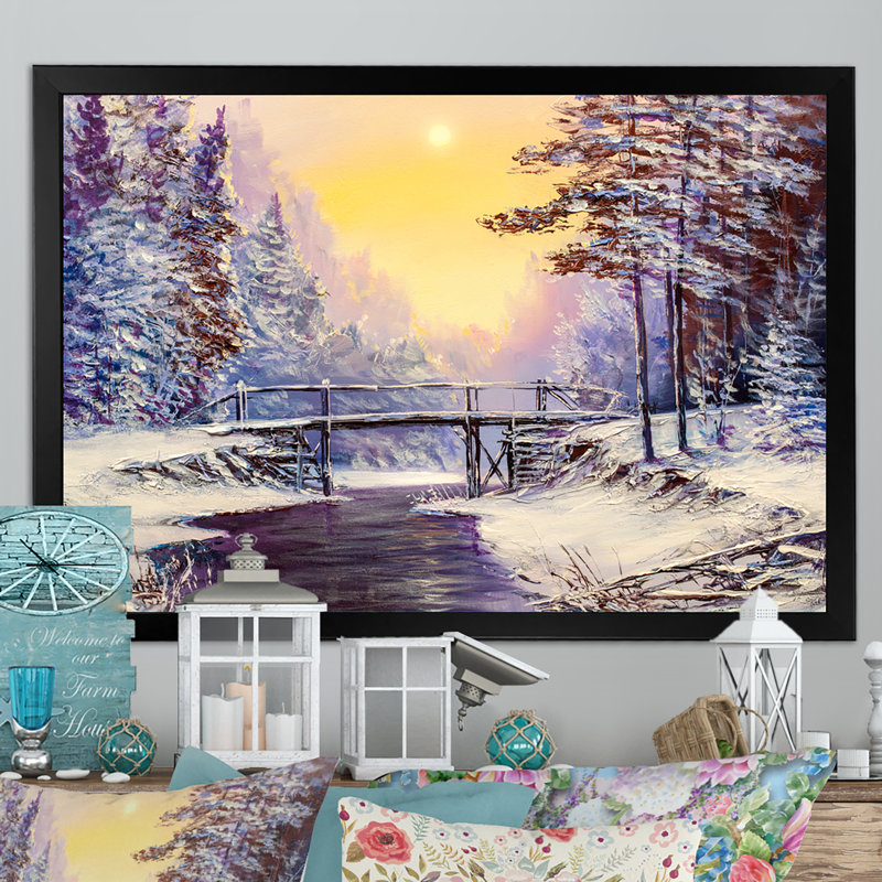 Coucher de soleil sur la rivière Winter, reproduction sur toile flottante, H 8 po x l 12 po x P 1 po, Cadre photo noir