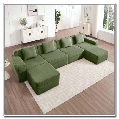 Canapé modulaire 4 places en forme de U sans os, canapé modulaire Cloud avec assise profonde, canapé modulaire moderne 4 places avec coussins décoratifs et 2 repose-pieds mobiles