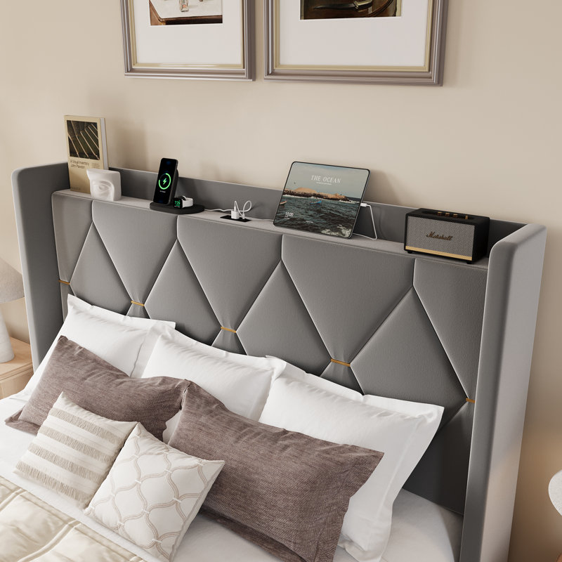 Lit tapissier moderne en velours capitonné avec station de charge et tablette de rangement, aucun sommier nécessaire, Gris