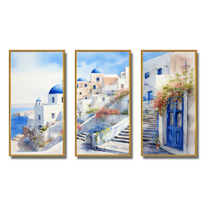 «Blue and White Santorini Village I», art mural Grèce, H 32 po x l 48 po x P 1 po, Cadre flottant doré