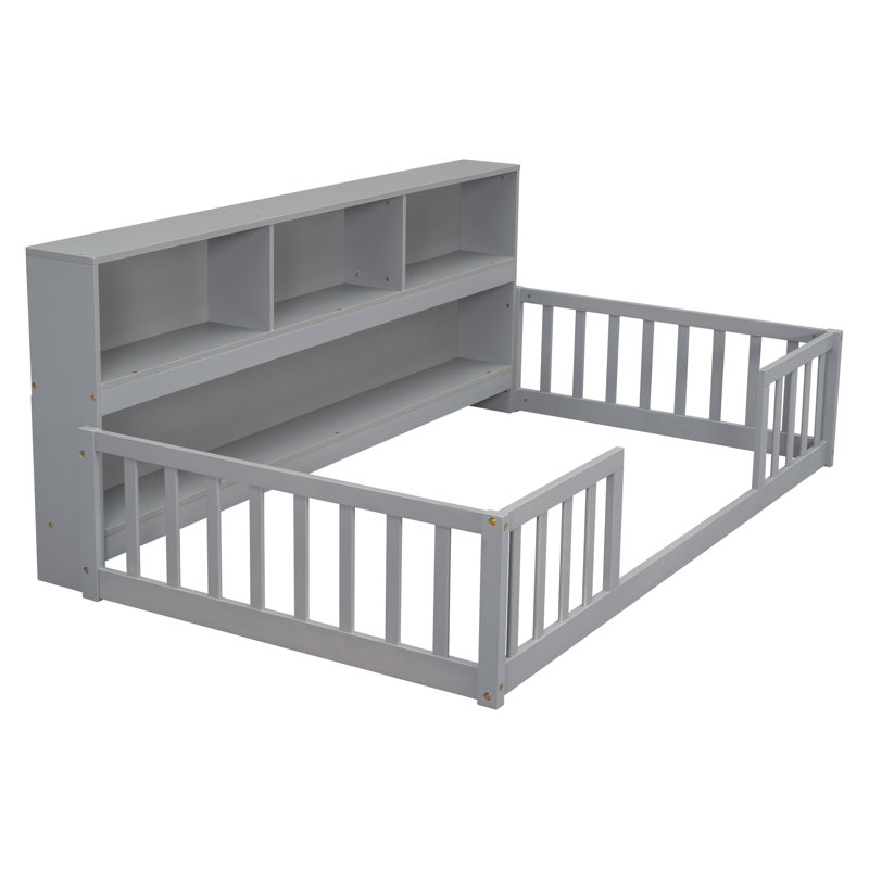 Nook Floor Bed with Bookcase & Guardrails, Gray, Twin