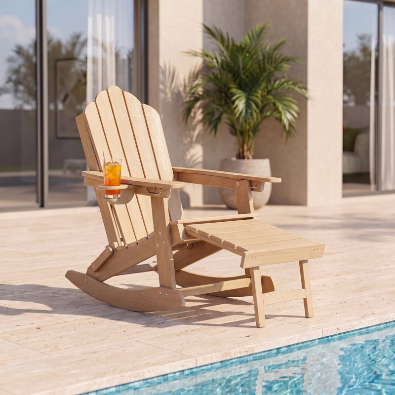 Chaise berçante pliante en PEHD Adirondack avec repose-pieds, porte-gobelet et base amovible, Brown