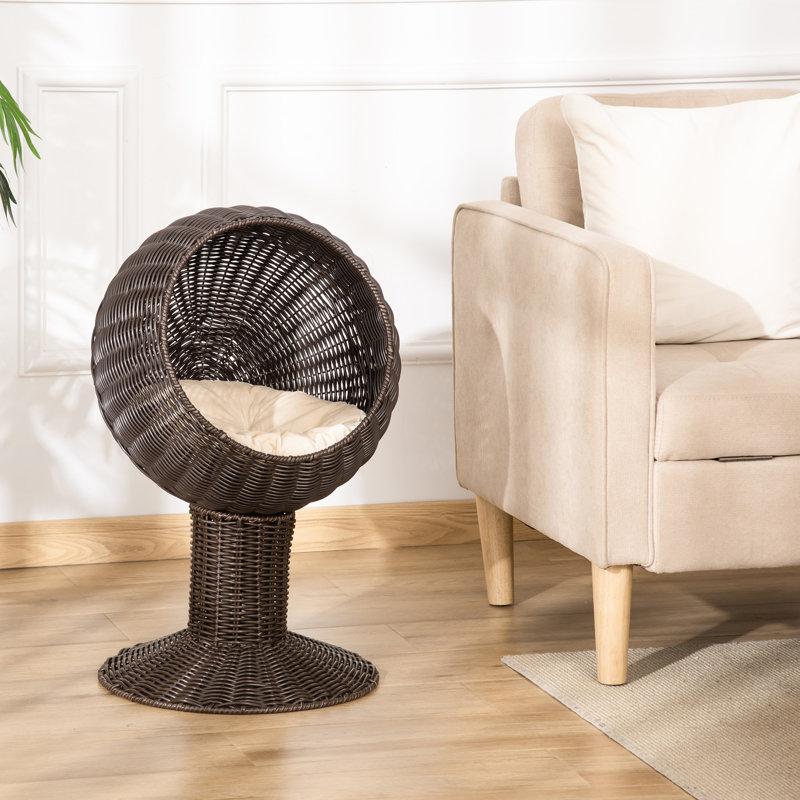 Lit surélevé pour chat avec chaise pivotante pour œuf, lit pour chat avec coussin épais, maisonnette tissée en gazon naturel, café