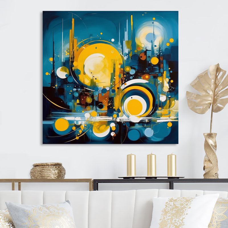 Nikkolette, pierre fluide bleue et jaune II sur toile, H 30 po x l 30 po x P 1 po, Toile tendue