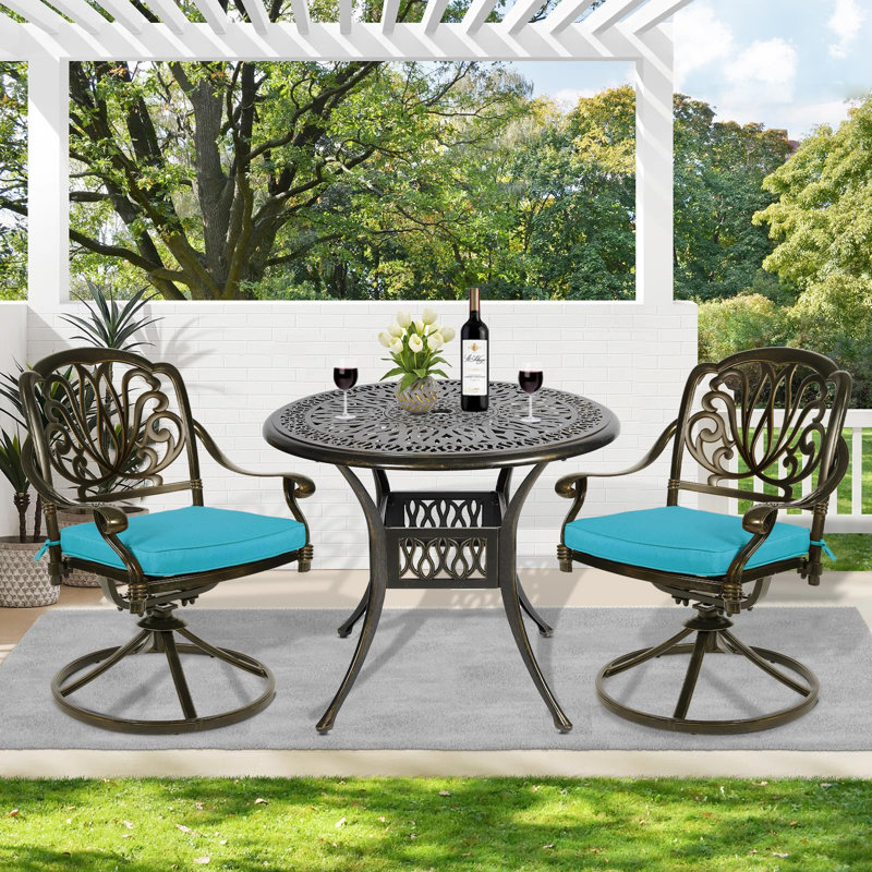 Ensemble bistro rond avec coussins 35,4 po, Bronze foncé, Bleu océan