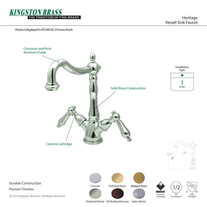 Kingston Brass Heritage Two-Handle 1-or-3 Hole Deck Mount Vessel Faucet, Polished Nickel