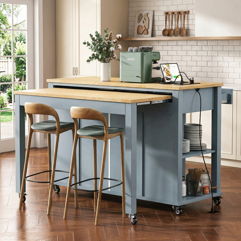 Îlot de cuisine de 47 po de largeur avec placage en bois d'hévéa, prise de courant, 2 tiroirs et 2 armoires, table de cuisine roulante avec rangement pour la cuisine, la salle à manger, gris-bleu