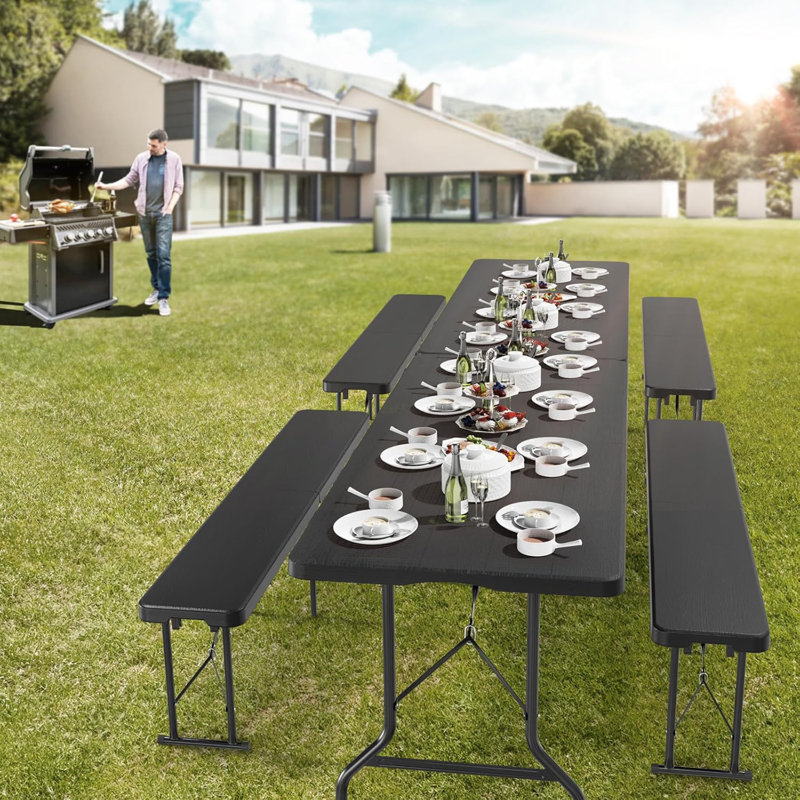 6 pi.  Banc pliant en plastique pour patio (ensemble de 2), Noir, noir, noir, noir