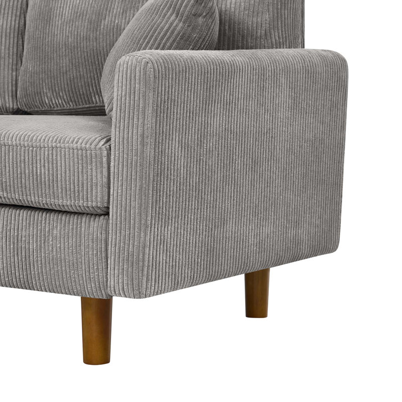 Corduroy Sectional Sofa with Wooden Legs and Included Pillows, Light Gray Corduroy