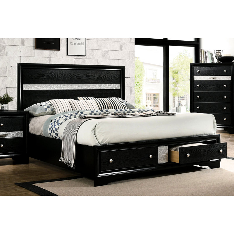 Modern Solid Wood Queen Size Bed With Storage In Black Bedroom Tranquility For Bedroom, Contemporary Style