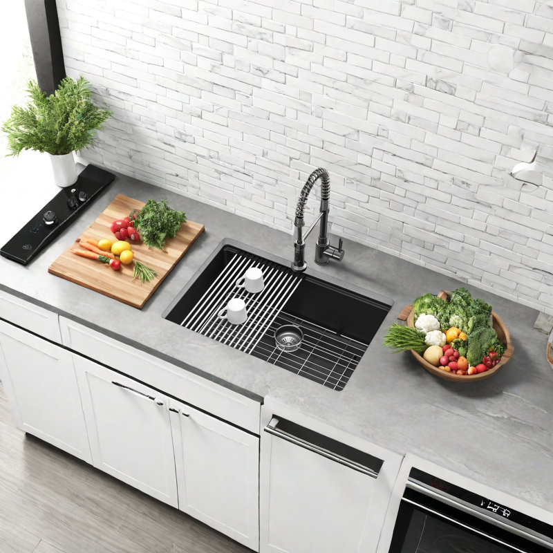 Évier de comptoir en quartz noir encastrable 33 x 19 pouces - qualité commerciale, cuve épaissie