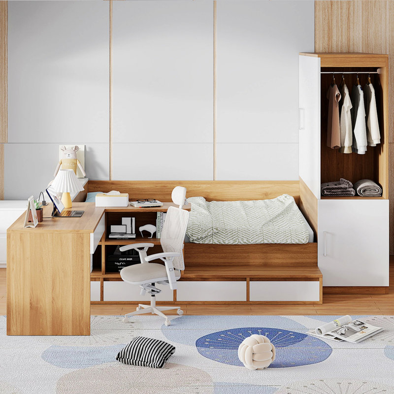 Lit plateforme en bois avec 6 tiroirs, tablettes ouvertes, bureau et garde-robe, Naturel