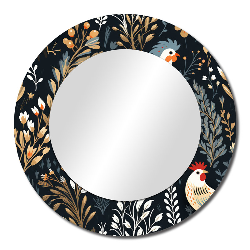 Country Charm Red  Rooster Pattern - marble  Decorative Mirror, Casual Wall Mirror, Printed Metal Art, 23" x 23", Round