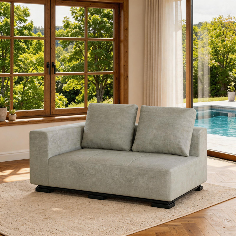 Causeuse modulaire incurvée 2 places avec accoudoir gauche et 2 coussins, rembourré entièrement en mousse, sans assemblage requis