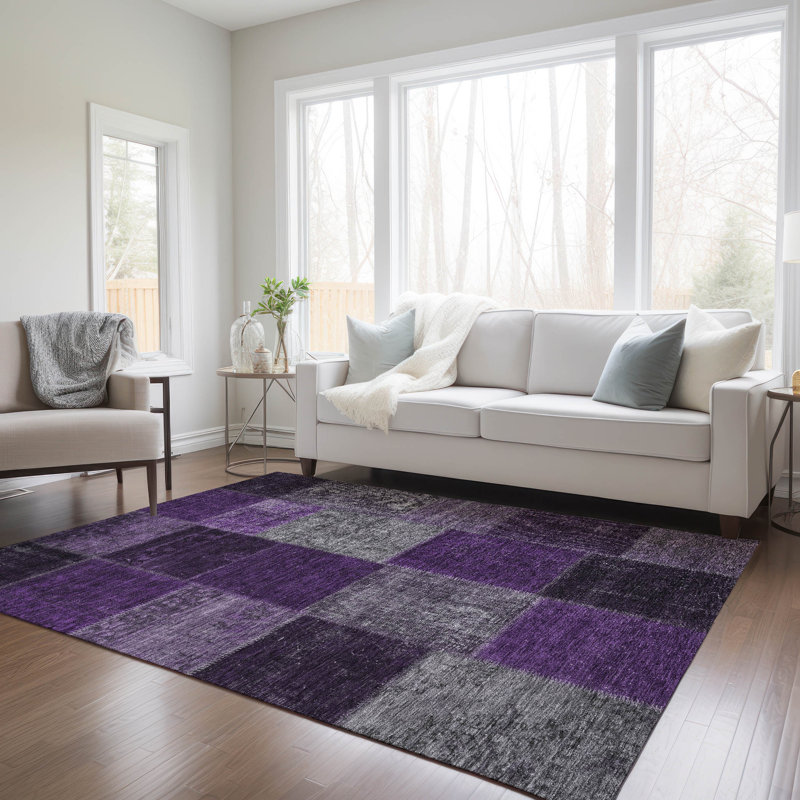 Tapis noir / mauve / gris en polyester tissé à la machine Ayush, Rectangle de 10 pi x 14 pi