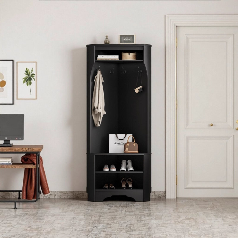 Arbre d'entrée minimaliste avec banc à chaussures, portemanteau à 4 crochets et tablette réglable, armoire de rangement peu encombrante pour le couloir du salon, noir, l 29,5 po x H 71,6 po