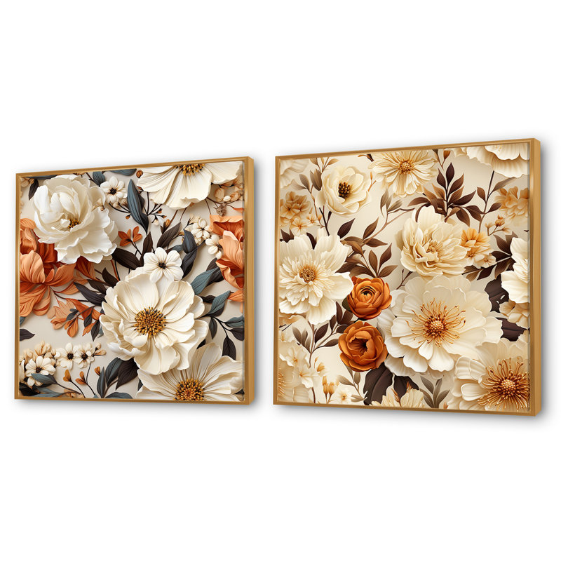 Thatcham - Ensemble de 2 collages floraux carrés, Cadre flottant doré, H 30 po x l 61 po