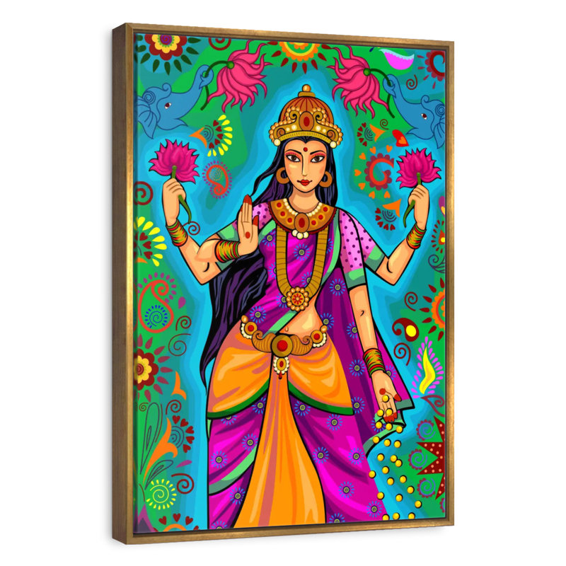 Déesse indienne Lakshmi, Cadre flottant doré, 21 po x 31 po