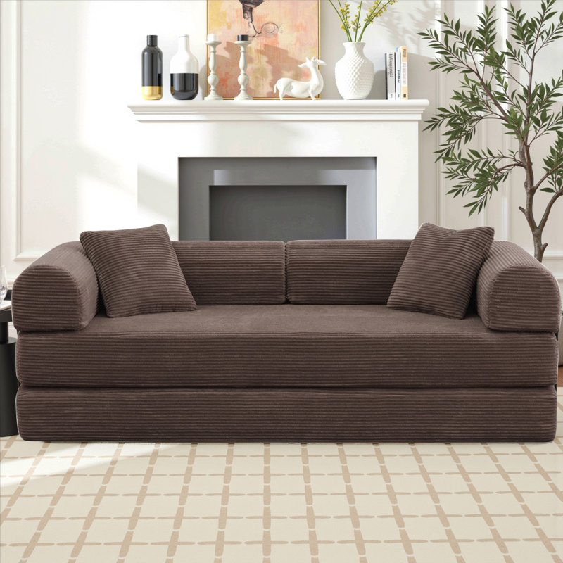 80.7" Corduroy Sleeper Sofa Boneless Modular Sofa Bed Compression Foam Couch Bed With 2 Pillows and Fixed Metal Frame, Brown