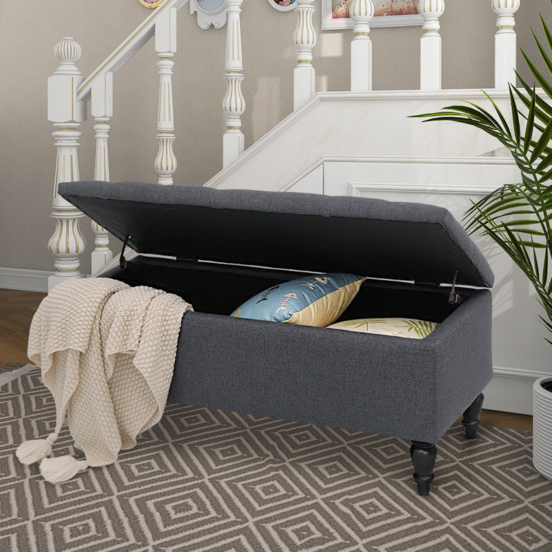 Banc de rangement rembourré avec pieds en bois massif Balcom, gris, H 17,7 po x l 45,2 po x P 18 po