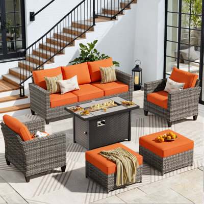 7 - Person Patio Furniture Set With Chairs, Outdoor Wicker Rattan Seating Group With Cushions, All Weather Sofa Conversation Set With Fire Pit Table For Garden Backyard