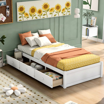Lit plateforme simple en bois massif blanc - avec 3 tiroirs pour l'organisation 3 avec un look de chambre à coucher moderne