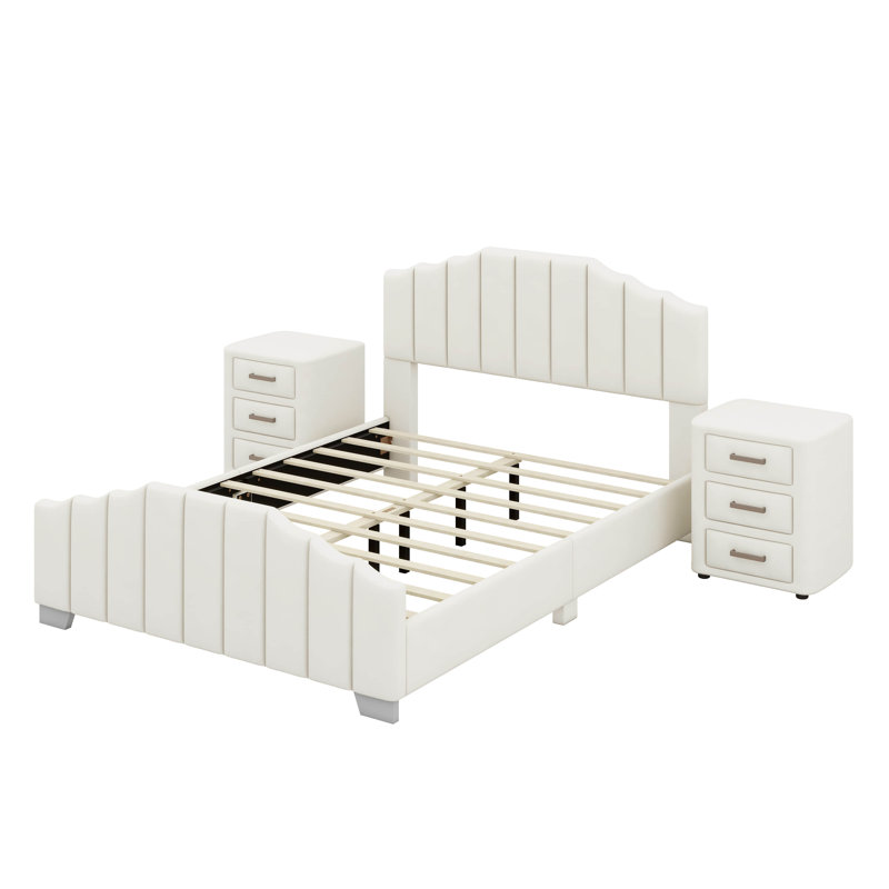 Ensemble de chambre à coucher 3 pièces avec lit plateforme et deux tables de chevet à trois tiroirs, cadre de lit tapissier avec tête de lit capitonnée à canal vertical
