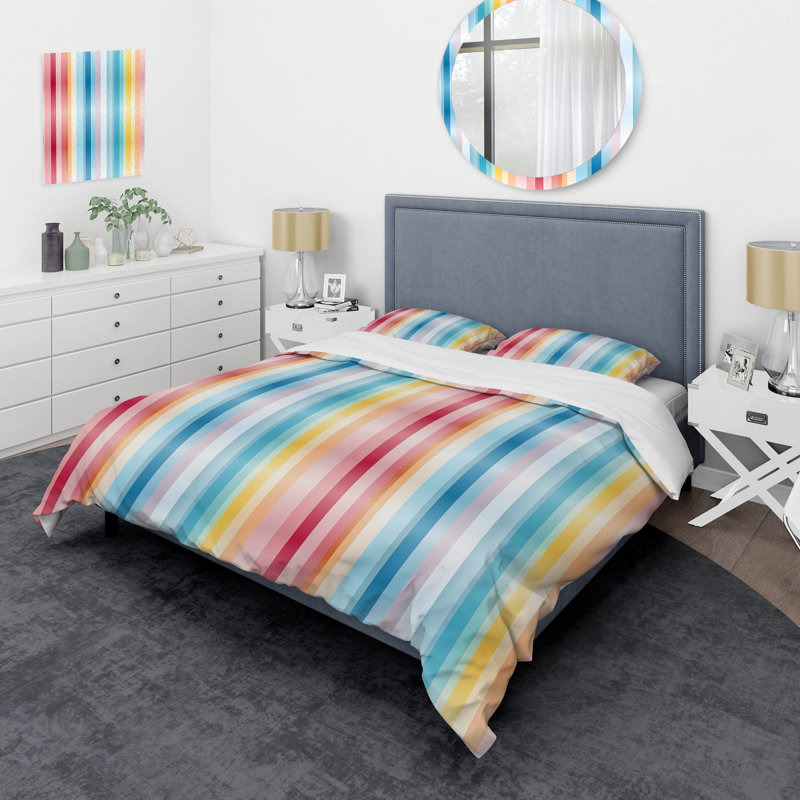 Rainbow Colors Candyland Stripes Striped Pattern I Box Stitch Striped Duvet Cover, Twin Duvet Cover + 1 Standard Sham