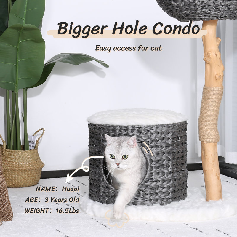 Gray and Natural Wood Cat Tree with Woven Condo