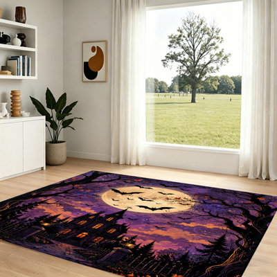 Tapis d'Halloween sur le thème d'Halloween, conception de chauve-souris pleine lune Spooky Haunted House, accent de décoration intérieure gothique, tapis d'intérieur pour le salon, la chambre à coucher, le vestibule et le couloir