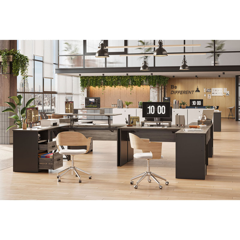 Bureau d'ordinateur en forme de L de L 55,7 po avec tiroirs Nedyo, Gris rétro / chêne foncé