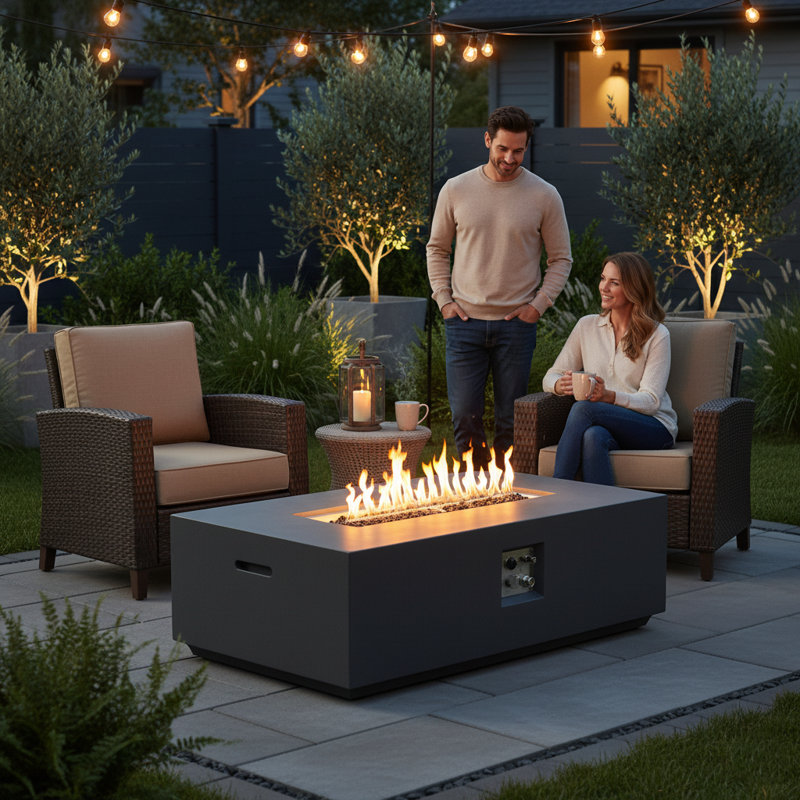 Abigale Concrete Propane/Natural Gas Fire Pit Table, Natural Concrete, 15" H x 48" W x 30" D