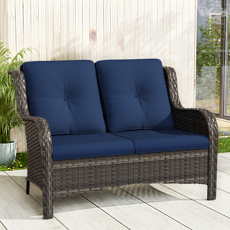 Anahit Outdoor Wicker Loveseat with Cushions, Blue