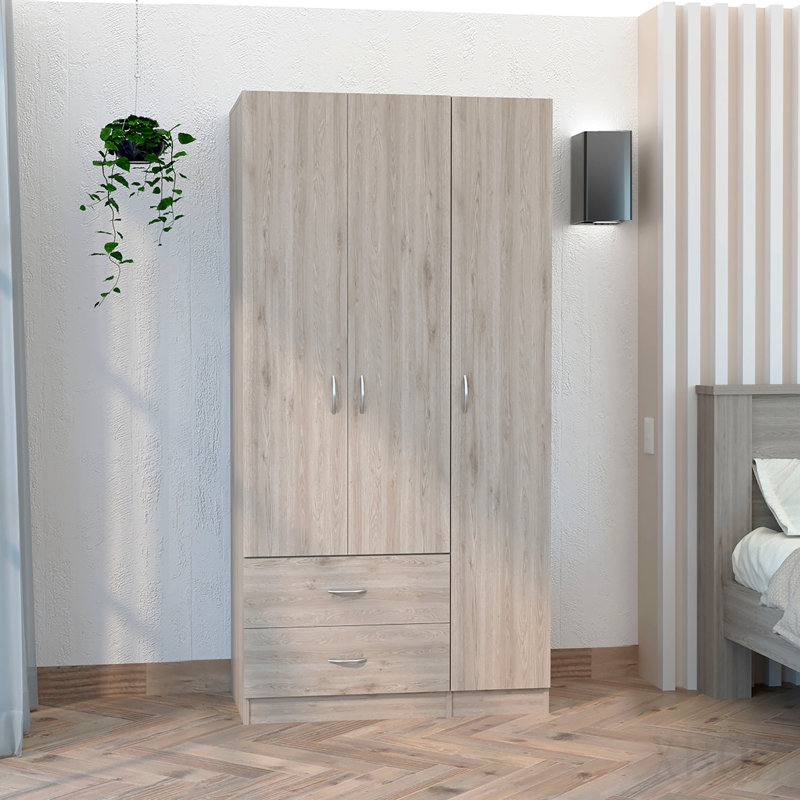 Armoire 3 portes avec deux tiroirs, tablettes et tringle - chêne fumé. Blanc, Smoke Gray
