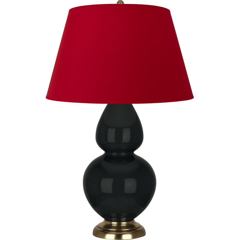 Lampe de table double gourde en céramique, Obsidienne vernie / laiton, Thé vert / taupe, Laiton