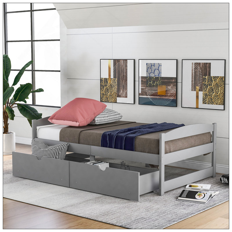 Lit plateforme simple avec deux tiroirs, gris
