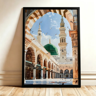 Grande Mosquée avec dôme vert et minarets, tableau sur toile encadré, cadre noir, 40 x 60 cm