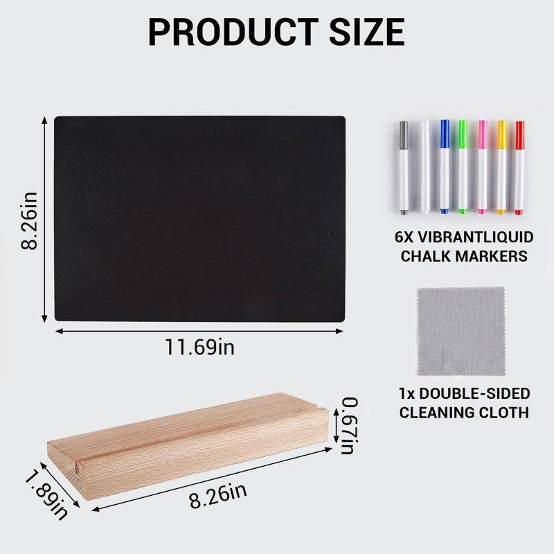 Ensemble de 4 mini panneaux de table avec support en bois de hêtre, panneaux d'affichage effaçables noirs de 11,69 x 8,26 pouces, ensemble complet avec 6 marqueurs à craie liquide et chiffon de nettoyage pour la fête de mariage au buffet de café