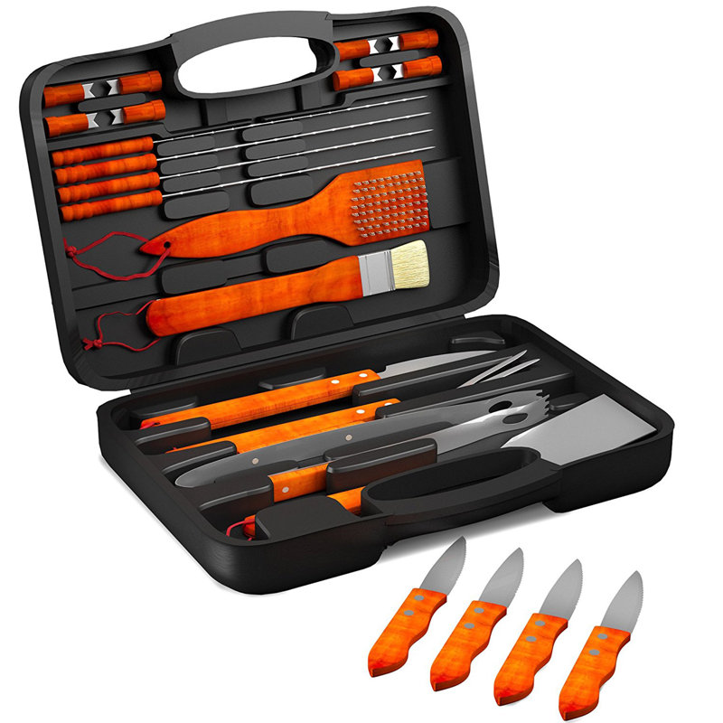 Jim 22-Piece Wood BBQ Grill Tool Set - with Wooden Handles, Case, Steak Knives, Spatula, and Tongs