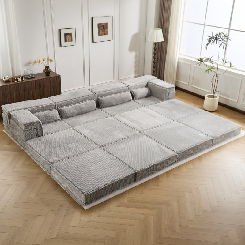 Canapé d'angle modulaire sans ossature, Mahjong à compression, - Gris, Lit de sol convertible, 4 places, Polaire circulaire, Mousse à mémoire de forme haute densité, Aucun assemblage requis, Détente à la maison, Canapé modulaire gris à 2 places