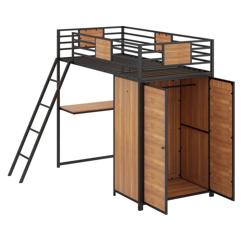 Twin Size Loft Bed With L-Shape Desk And Wardrobe, Black