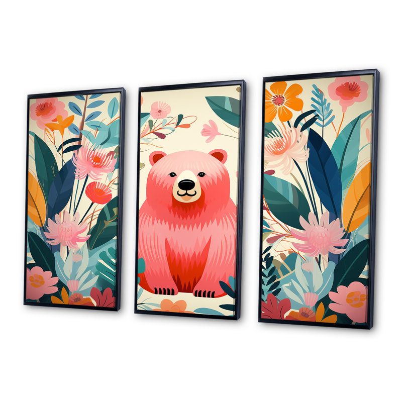 «Pink Tropical Bear Harmony I - Bear 2», art mural, H 28 po x l 36 po, Cadre flottant noir