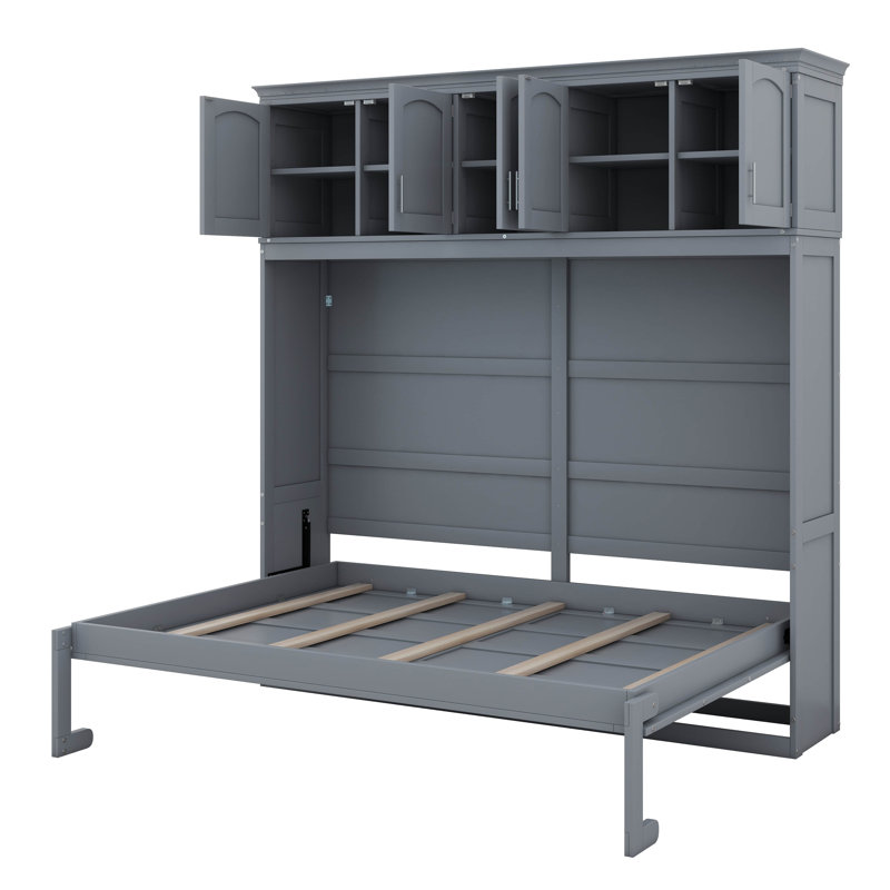 Grand lit escamotable, cadre de lit mural pliant avec armoires supérieures, commode de lit plateforme cachée avec support à lattes de bois