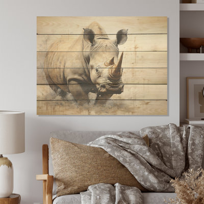 Mighty Strong Rhinoceros - Rhinoceros Wood Art On Natural Pine Wood